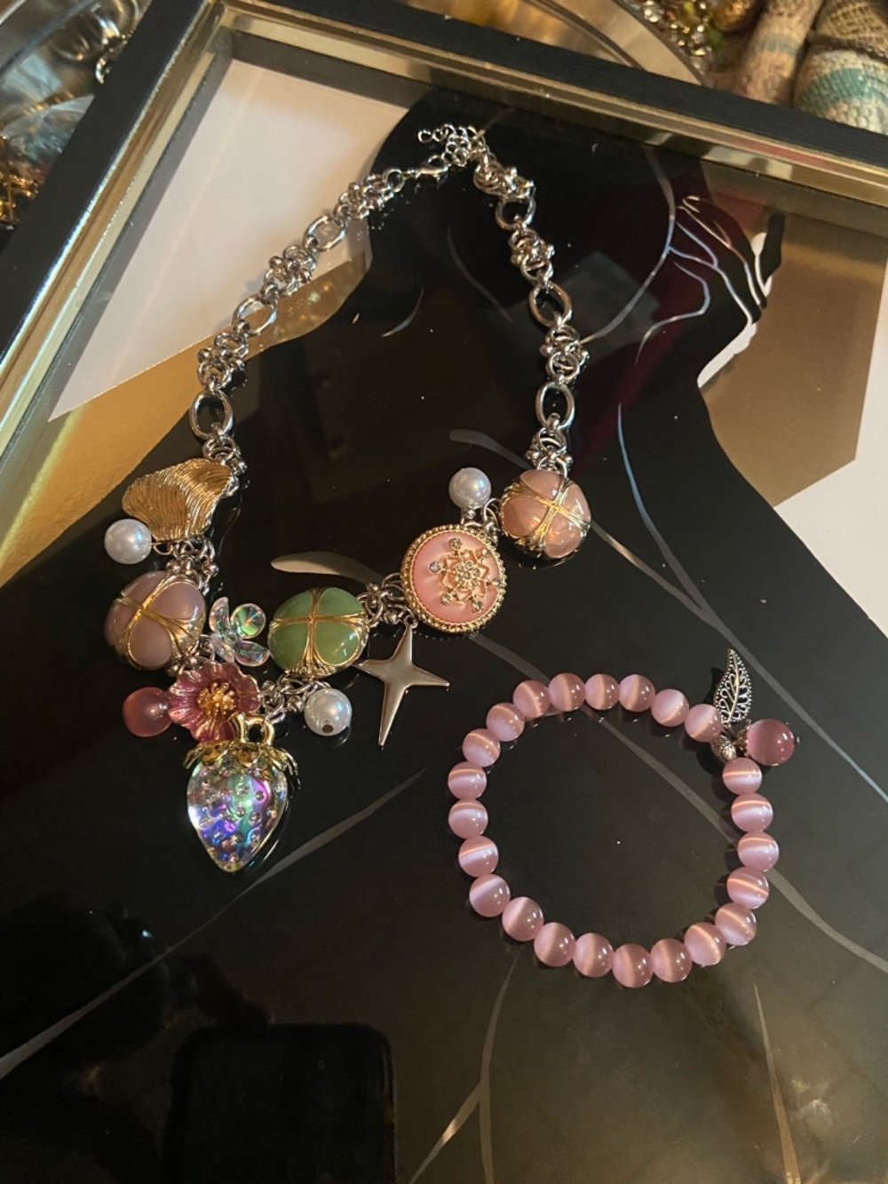 Pink Multi-Charm Women's Necklace and Cats Eye Bracelet Set - Picture 2 of 11